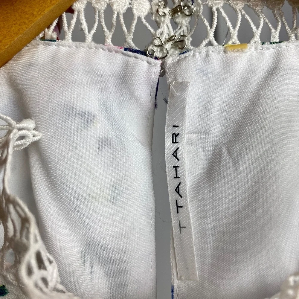 Tahari Womenʻs White Floral Lace Trimmed High Neck Flowy Blouse XL